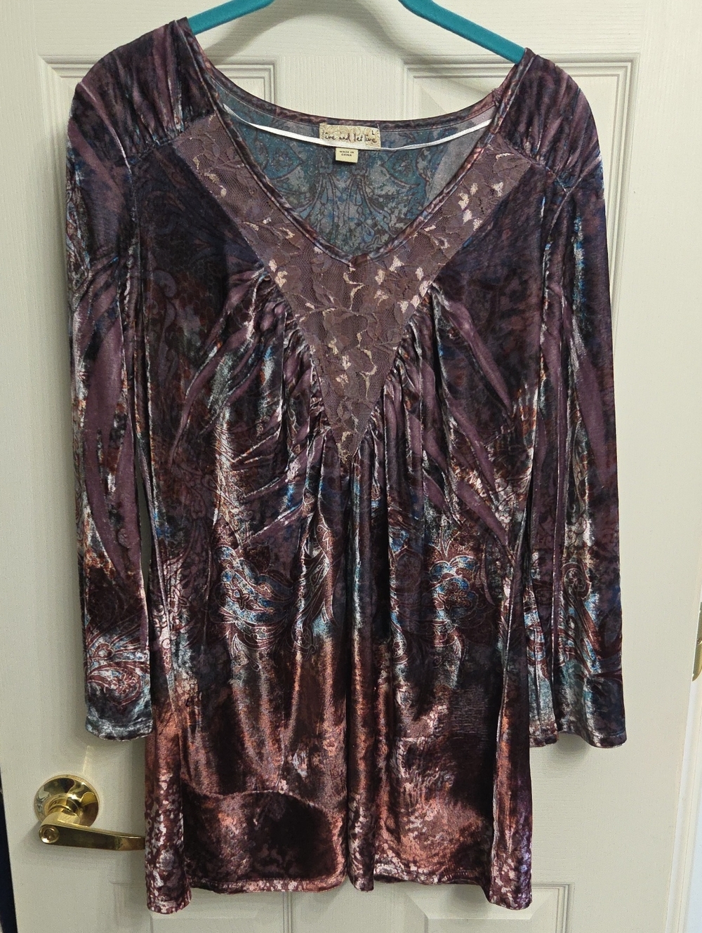 ONE WORLD Purple Velvet V-Neck Tunic with Lace Inset